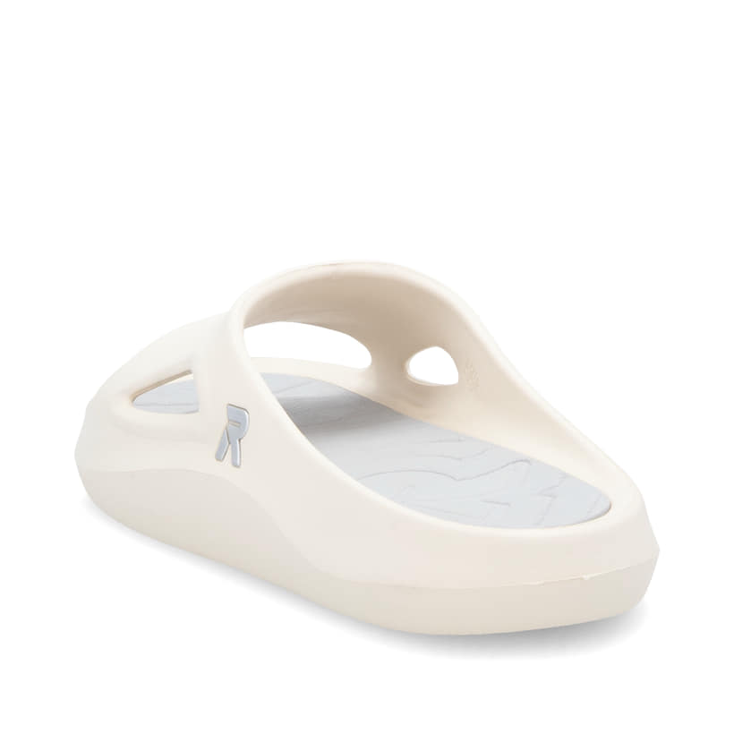 Beige Rieker Damen Pantoletten W3450-60 mit flexibler und ultraleichter Sohle. Schuh von hinten.