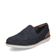 Blaue Rieker Herren Slipper B2350-14 mit Elastikeinsatz sowie Komfortweite G 1/2. Schuh seitlich schräg.
