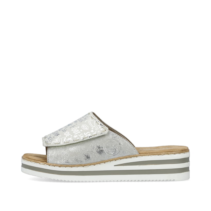 Silberne Rieker Damen Pantoletten V0290-90 mit einem Klettverschluss. Schuh Außenseite.