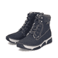 Dunkelblaue Rieker Damen Schnürstiefel 45925-14 mit einem Reißverschluss. Schuhpaar seitlich schräg.