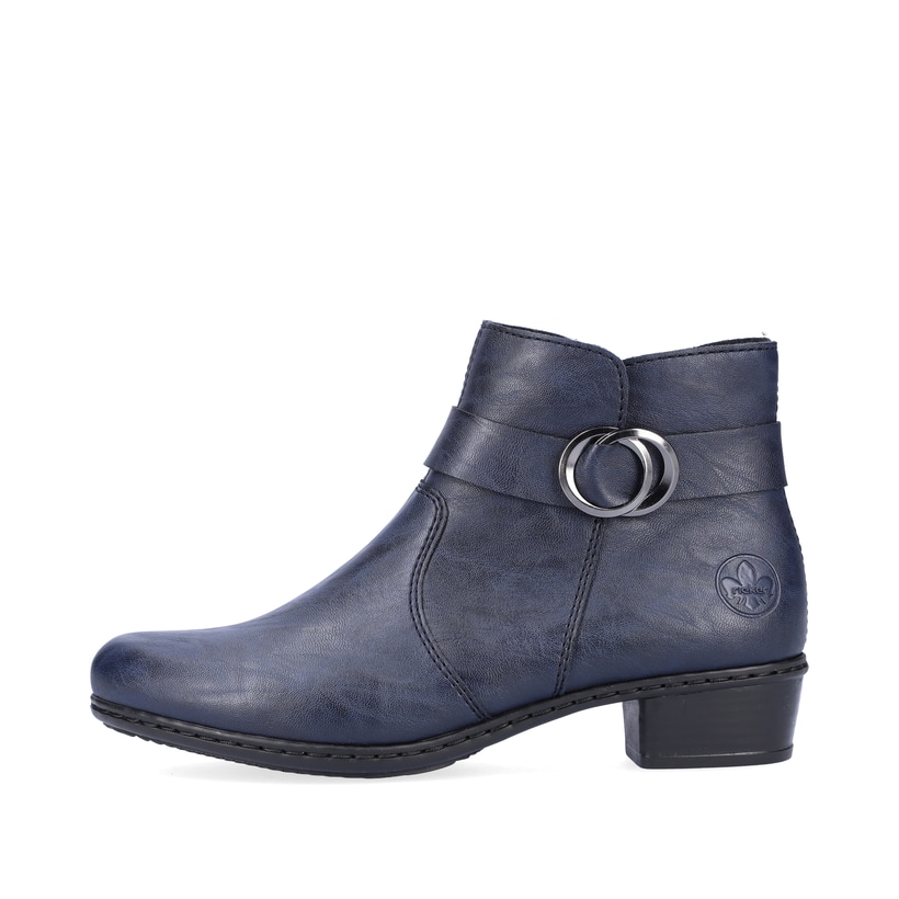 Schieferblaue Rieker Damen Stiefeletten Y0775-14 mit Reißverschluss sowie Blockabsatz. Schuh Außenseite