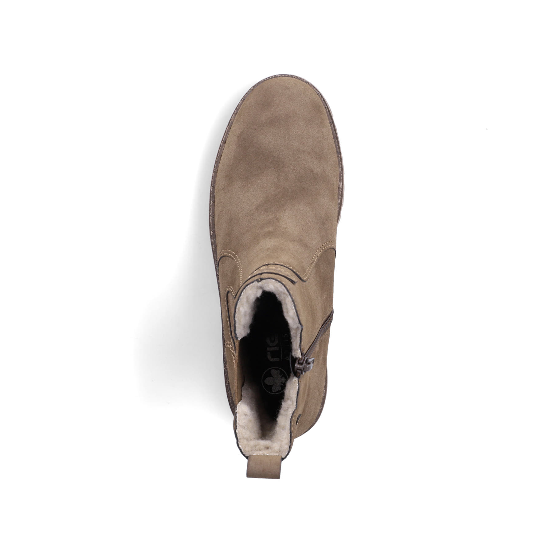 Taupefarbene Rieker Damen Chelsea Boots Z8960-25 mit einem Reißverschluss. Schuh von oben.