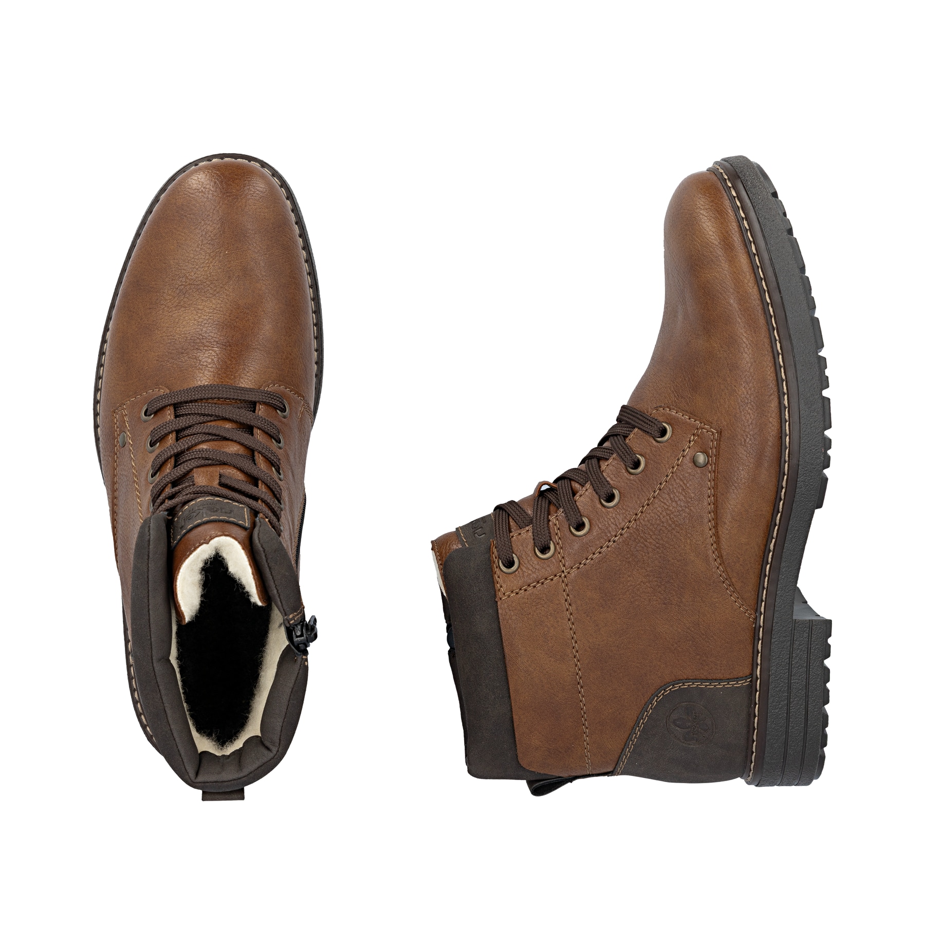 Braune Rieker Herren Schnürstiefel 33140-25 mit bronzefarbenen Ösen. Schuh von oben, liegend.