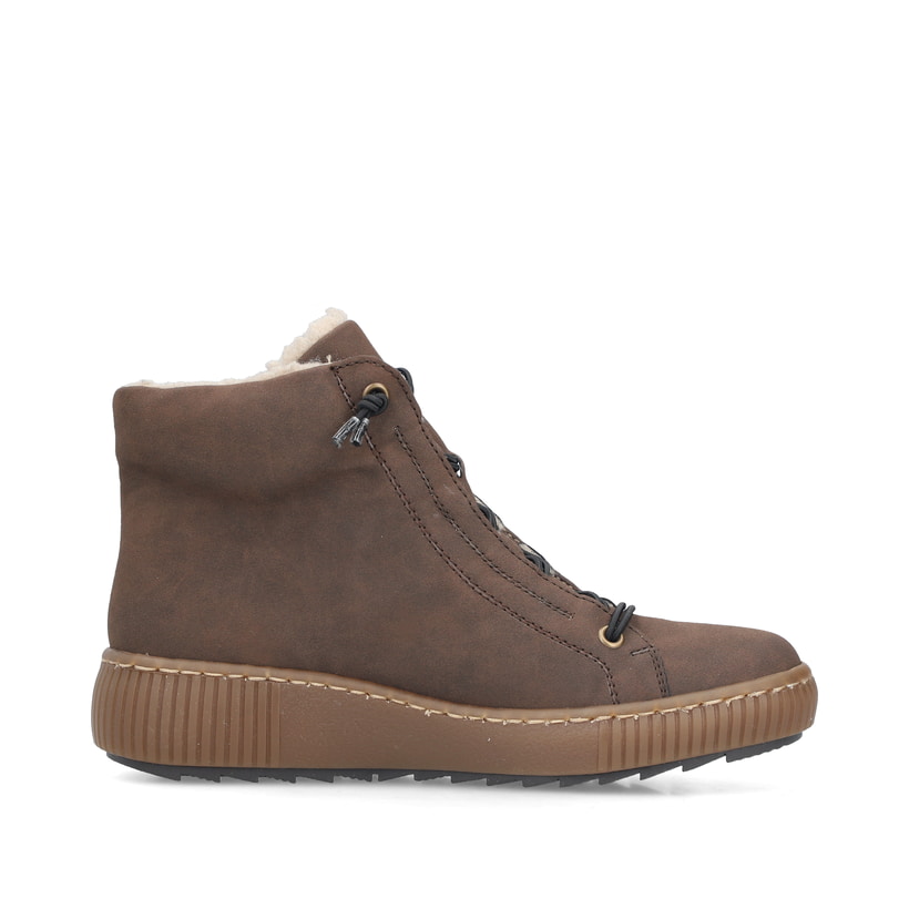 Dunkelbraune Rieker Damen Kurzstiefel Z6660-25 mit einem Reißverschluss. Schuh Innenseite.