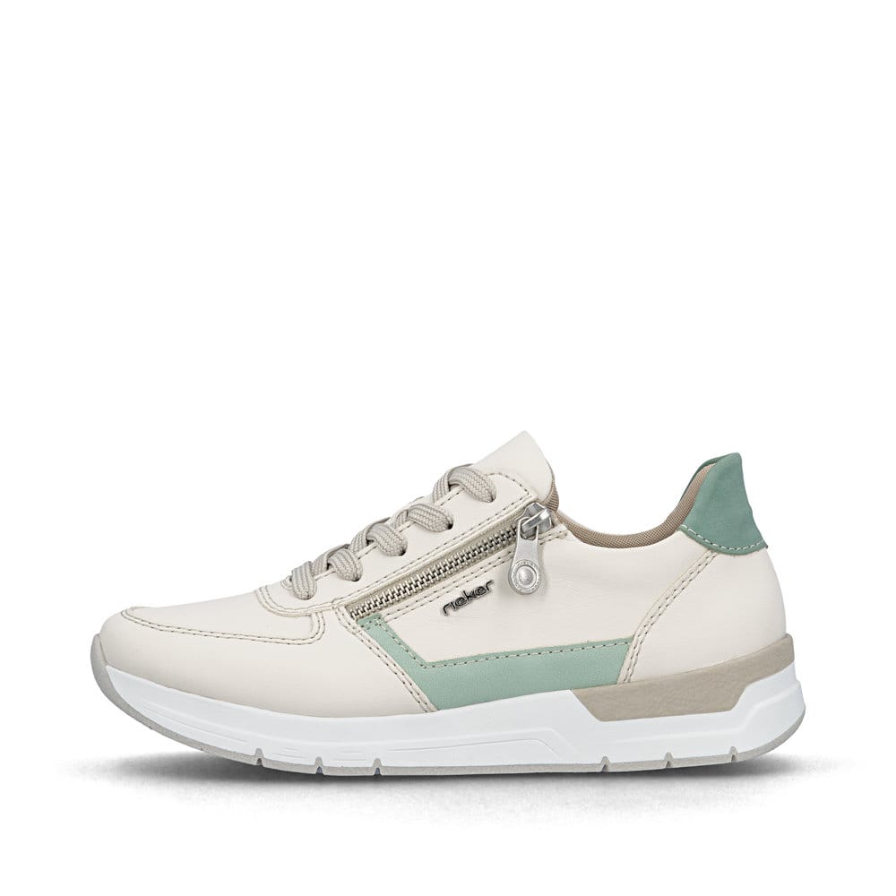 Baskets basses Rieker beiges pour femme 58902-60 avec fermeture éclair. Côté extérieur de la chaussure.