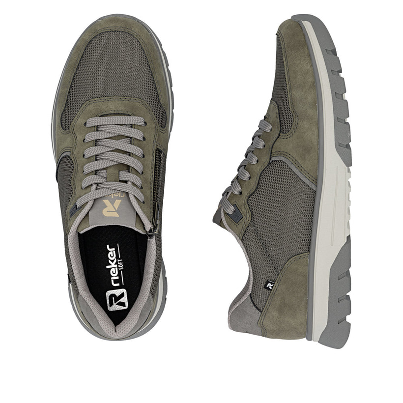 Baskets basses Rieker vertes pour homme B9302-54 avec fermeture éclair. Chaussure vue de dessus, couchée.