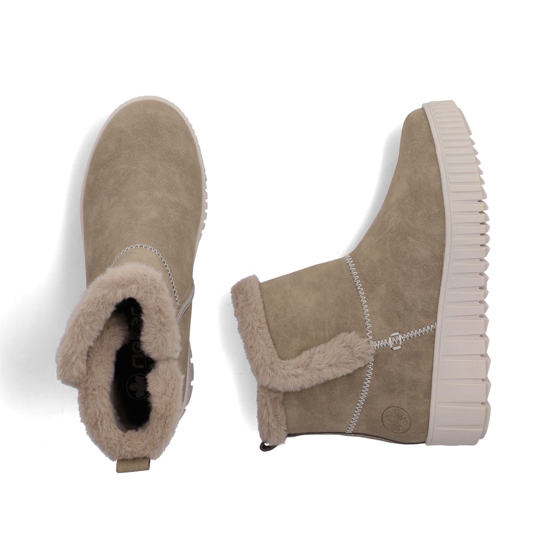 Beige Rieker Damen Kurzstiefel Y6152-20 mit weichem Kragen sowie Reißverschluss. Schuh von oben, liegend.