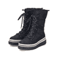 Vegane, schwarze Rieker Damen Kurzstiefel Y6380-00 mit einem Reißverschluss. Schuhpaar seitlich schräg.