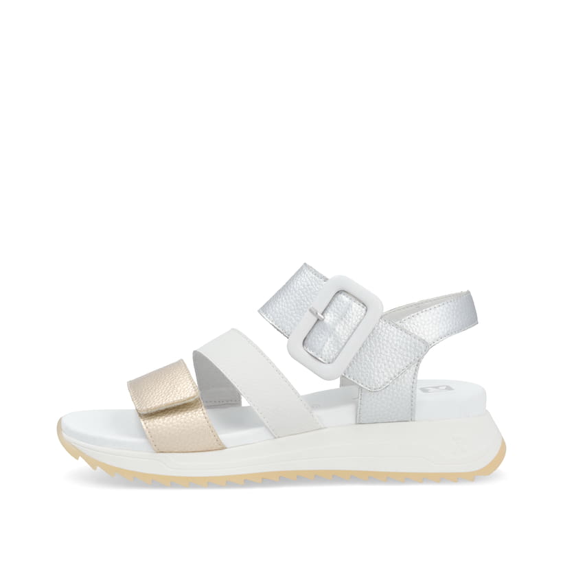 Goldene Rieker Damen Riemchensandalen W2950-90 mit einem Klettverschluss. Schuh Außenseite.