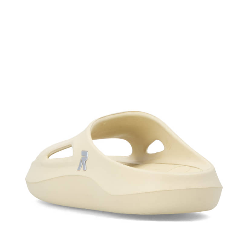 Beige Rieker Damen Pantoletten W3450-62 mit flexibler und ultraleichter Sohle. Schuh von hinten.