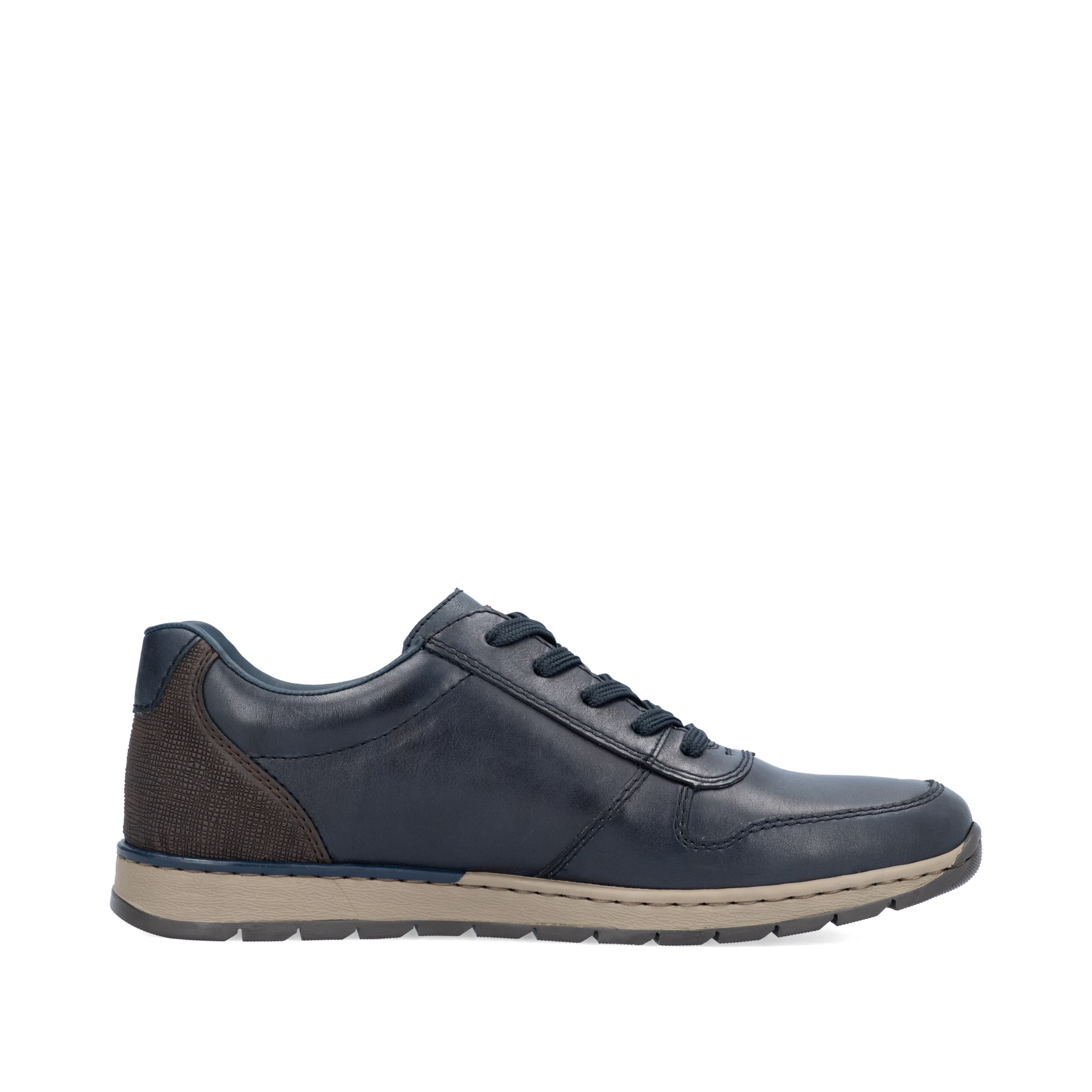 Baskets basses Rieker bleues pour homme B2112-14 en cuir lisse. Chaussure vue de l'arrière.