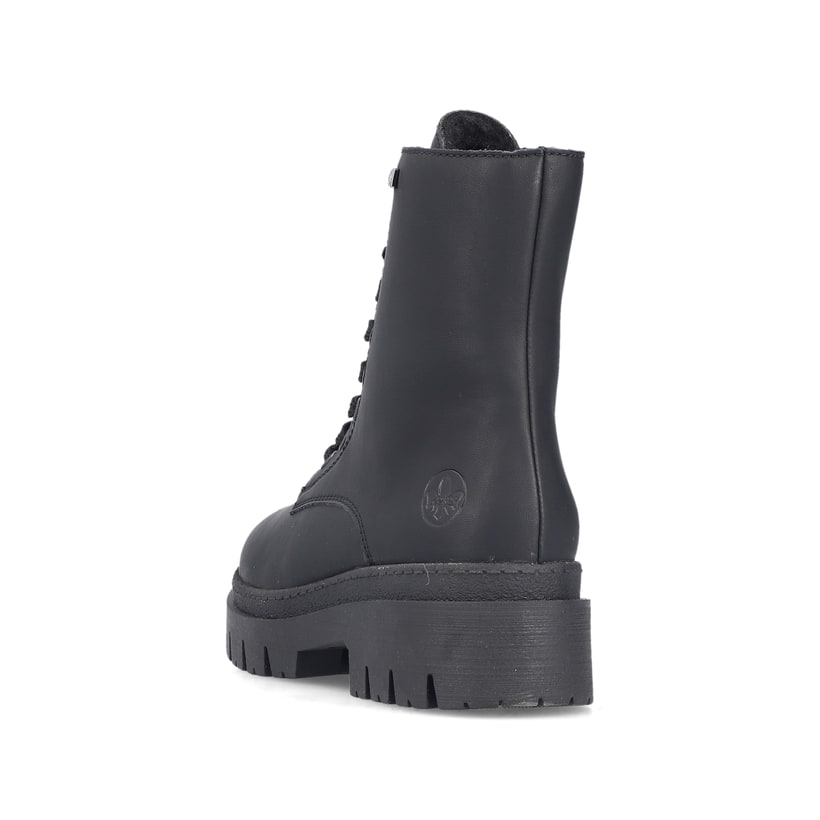 Schwarze Rieker Damen Biker Boots Z9447-00 mit wasserabweisender TEX-Membran. Schuh von oben.
