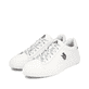 Weißer Rieker Herren Sneaker Low U0711-80 Schwenninger Wild Wings x Rieker Edition mit Eishockey-Schnürung und Wild Wings Logo. Schuhpaar seitlich schräg.