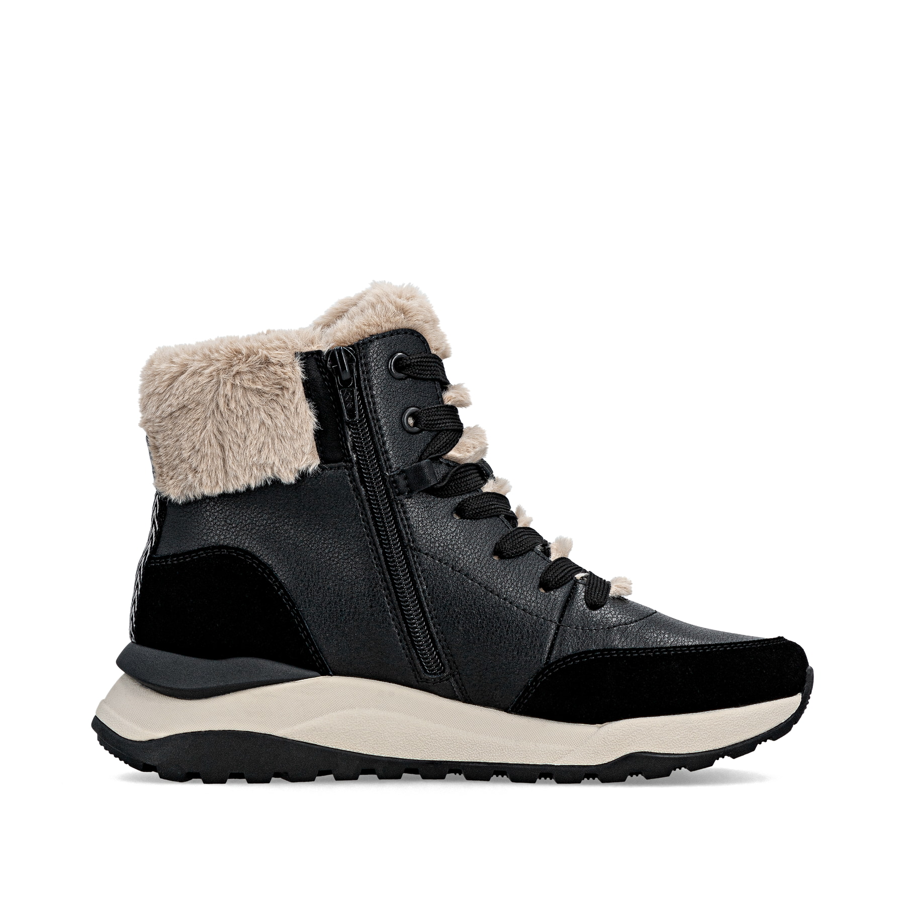 Schwarze Rieker Damen Schnürstiefel W2571-00 mit Reißverschluss sowie Fellkragen. Schuh Innenseite.