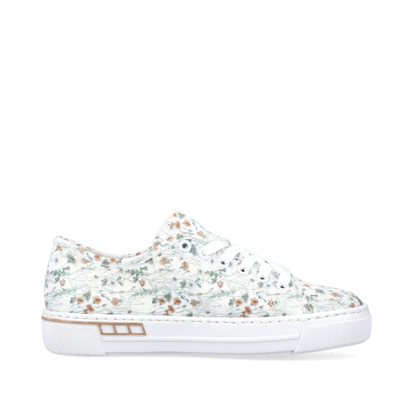 Weiße Rieker Damen Sneaker Low L8843-90 mit Schnürung sowie floralem Muster. Schuh Innenseite.