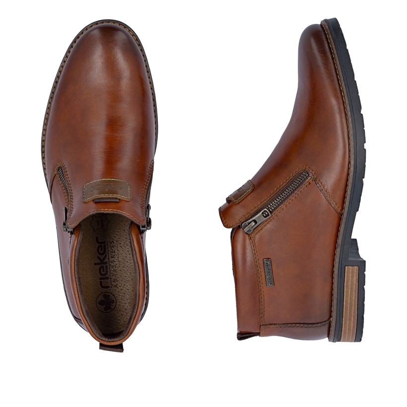 Braune Rieker Herren Kurzstiefel 14656-24 aus Glattleder. Schuh von oben, liegend.