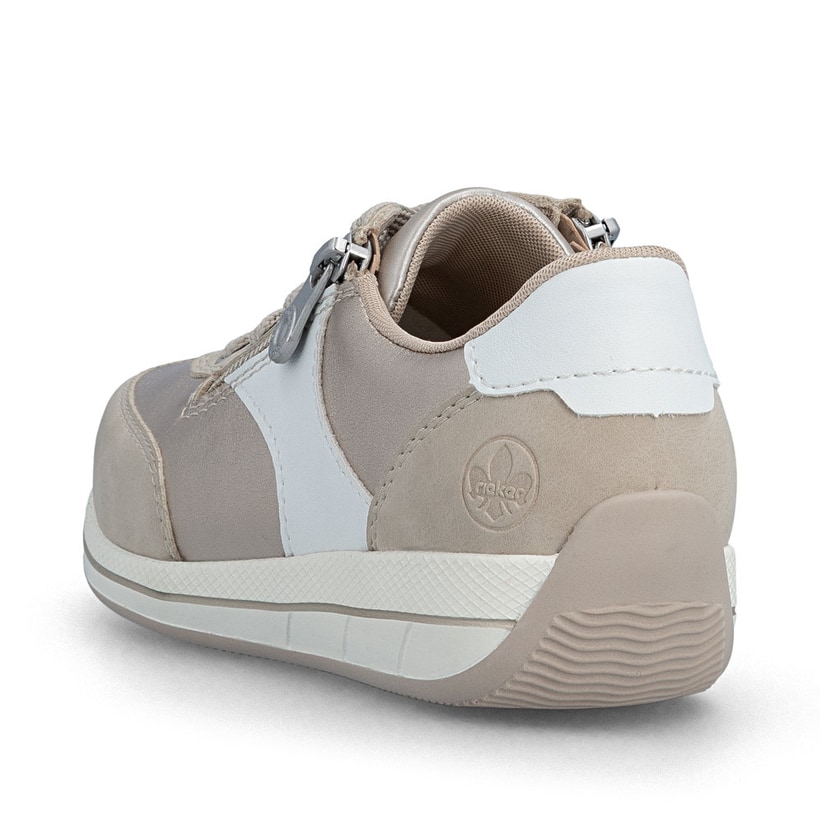 Beigeweiße Rieker Damen Schnürschuhe N1103-90 mit metallischem Finish. Schuh von hinten.