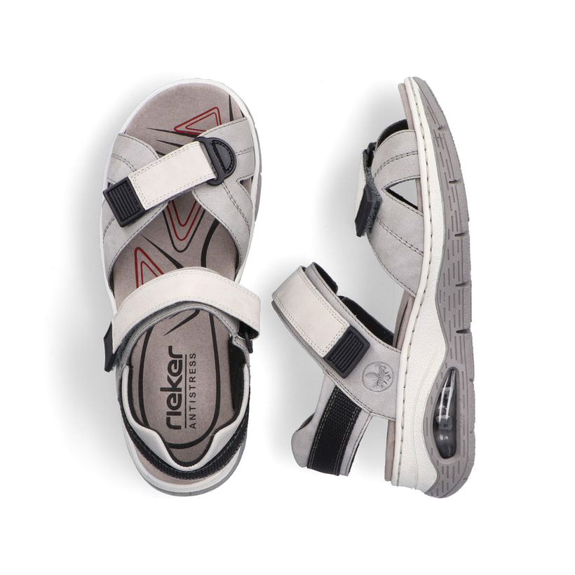 Graue Rieker Damen Trekkingsandalen 67651-40 mit Rieker Air Sohlenfenster. Schuh von oben, liegend.
