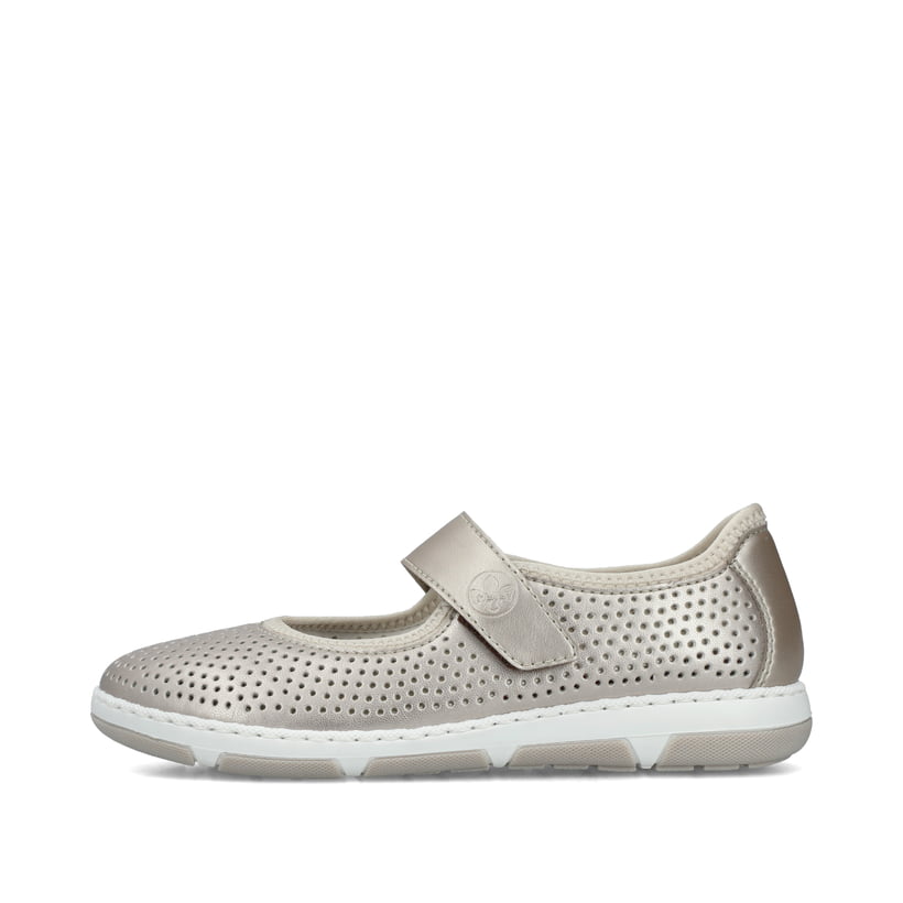 Beige Rieker Ballerinas 42455-60 mit einem Klettverschluss sowie Extraweite H. Schuh Außenseite.