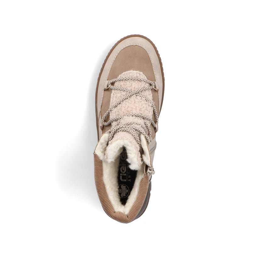 Beige Rieker Damen Schnürstiefel Y6120-60 mit einem Reißverschluss. Schuh von oben.