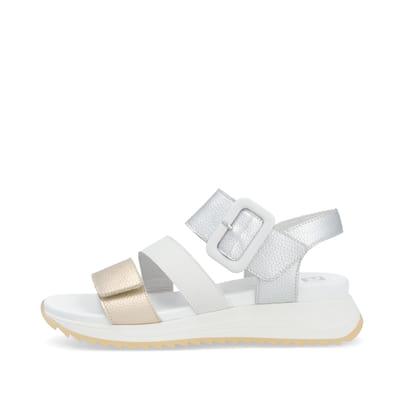 Goldene Rieker Damen Riemchensandalen W2950-90 mit einem Klettverschluss. Schuh Außenseite.