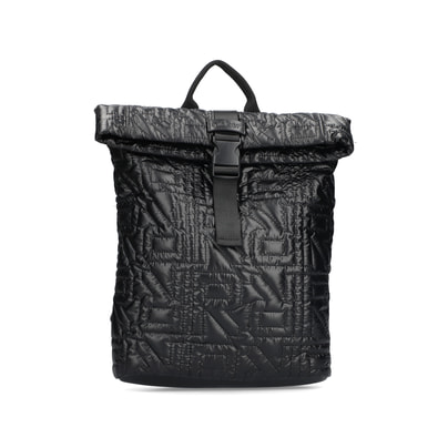 Rieker Rucksack H1643-00 in Schwarz mit modischem Muster und Handyfach. Vorderseite.