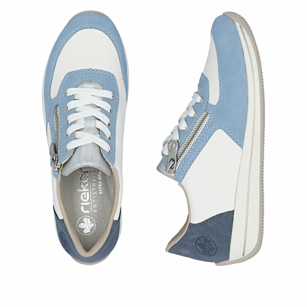 Baskets basses Rieker bleues pour femme N1112-10 avec fermeture éclair. Chaussure vue de dessus, couchée.