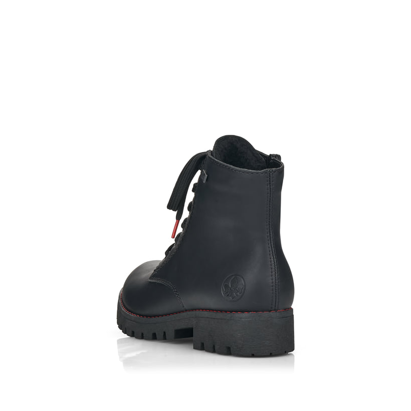 Tiefschwarze Rieker Damen Schnürstiefel 785M1-00 mit einer robusten Profilsohle. Schuh von hinten