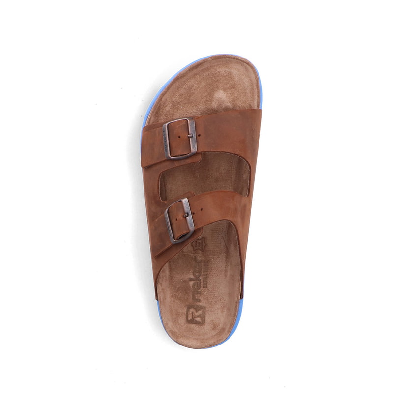Braune Rieker Herren Pantoletten 21190-28 aus Rauleder mit farbiger Sohle. Schuh von oben.