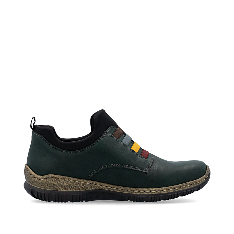 Dunkelgrüne Rieker Damen Kurzstiefel N32G7-54 mit einem Gummizug. Schuh Innenseite.