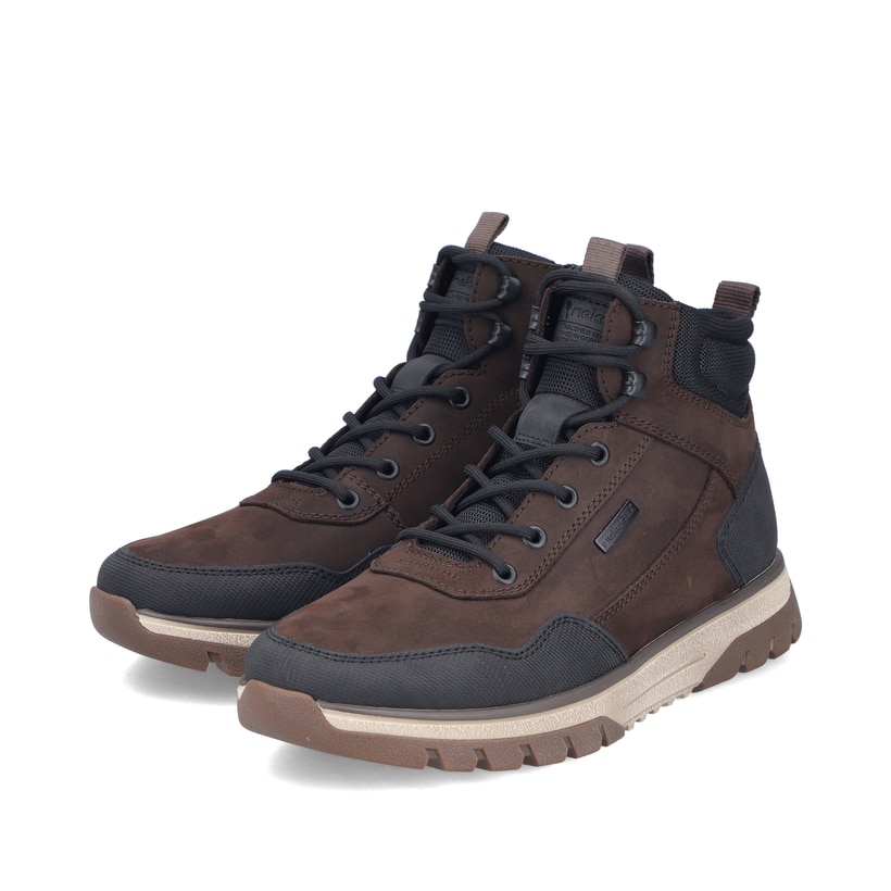 Schwarz-dunkelbraune Rieker Herren Schnürstiefel B9310-24 aus Rauleder. Schuhpaar seitlich schräg.