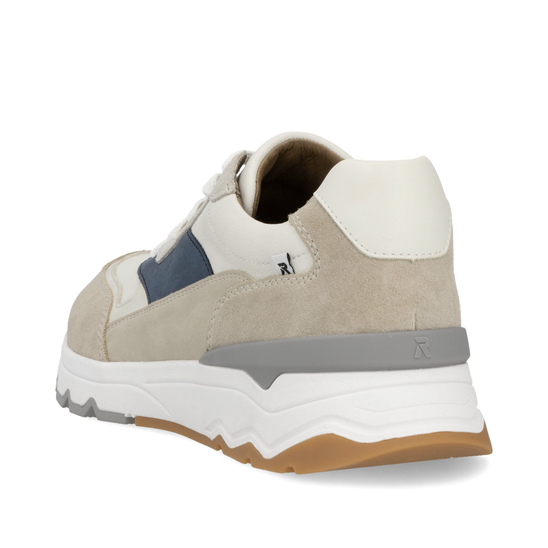 Beige Rieker Herren Sneaker Low U0906-81 mit Schnürung sowie flexibler Sohle. Schuh von hinten.