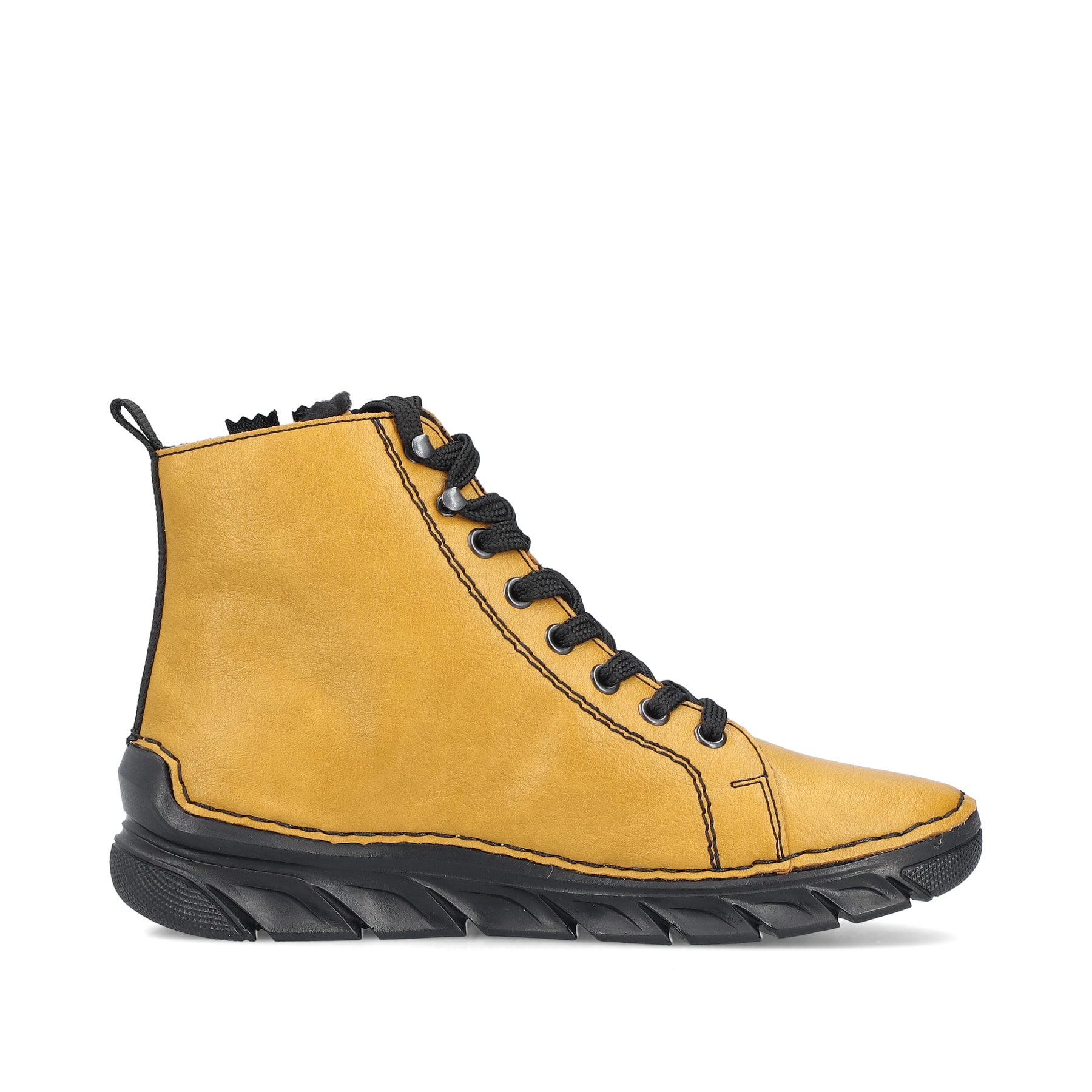 Bottes à lacets Rieker jaunes pour femme 55024-68 avec fermeture éclair. Intérieur de la chaussure.