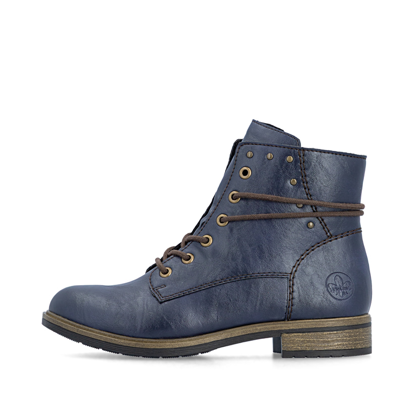 Bottes à lacets Rieker bleues femmes 72222-14 avec laçage enveloppant. Côté extérieur de la chaussure.