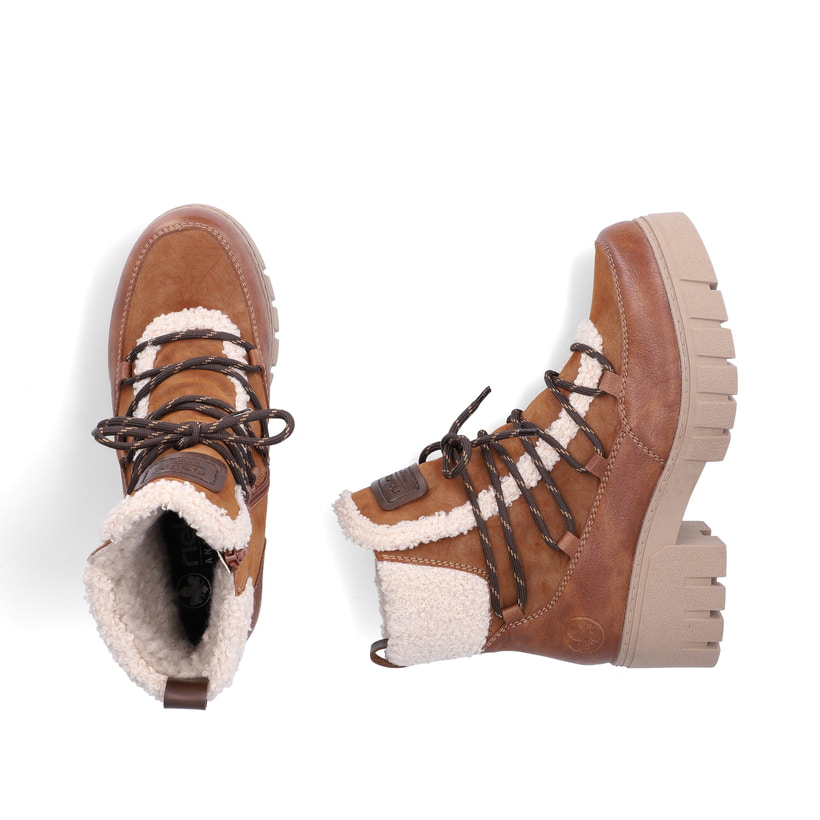 Vegane, braun-beige Rieker Damen Kurzstiefel 74574-24 mit einem Reißverschluss. Schuh von oben, liegend.