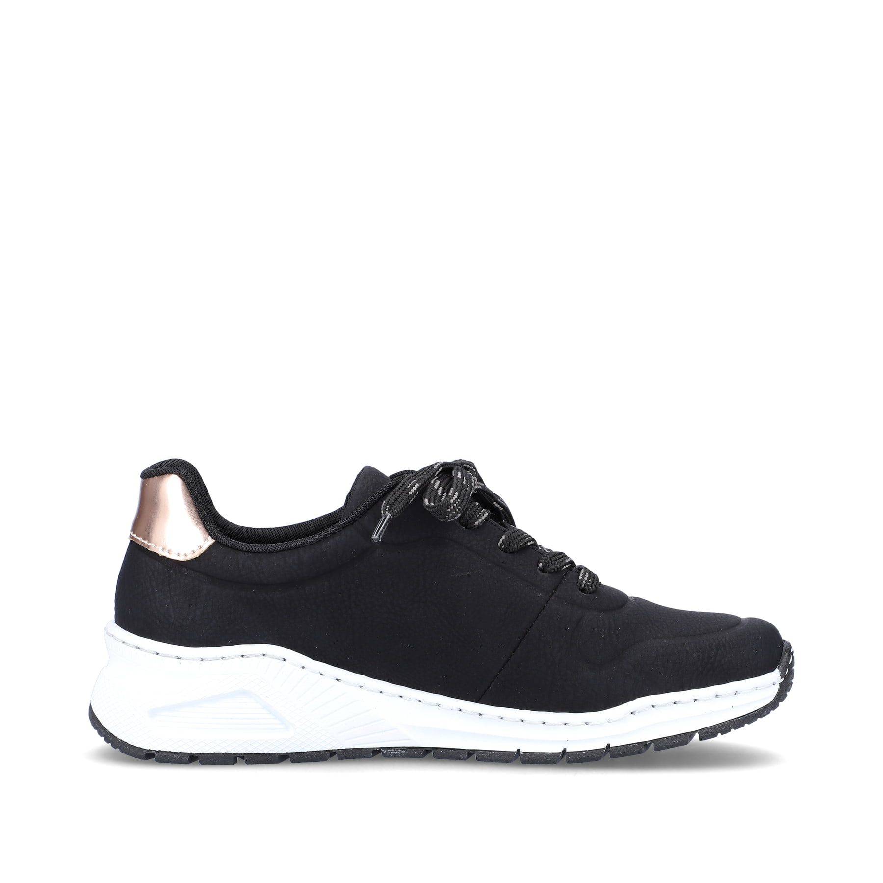 Schwarze Rieker Damen Sneaker Low M4903-01 mit Schnürung sowie der Extraweite H. Schuh Innenseite.