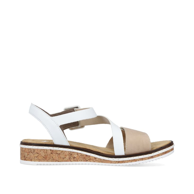 Beige Rieker Keilsandaletten V3660-60 mit trendigen Schnalle. Schuh Innenseite.