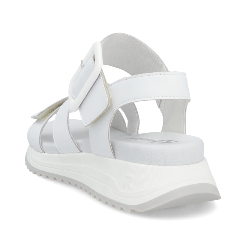 Weiße Rieker Damen Riemchensandalen W2950-80 mit einem Klettverschluss. Schuh von hinten.