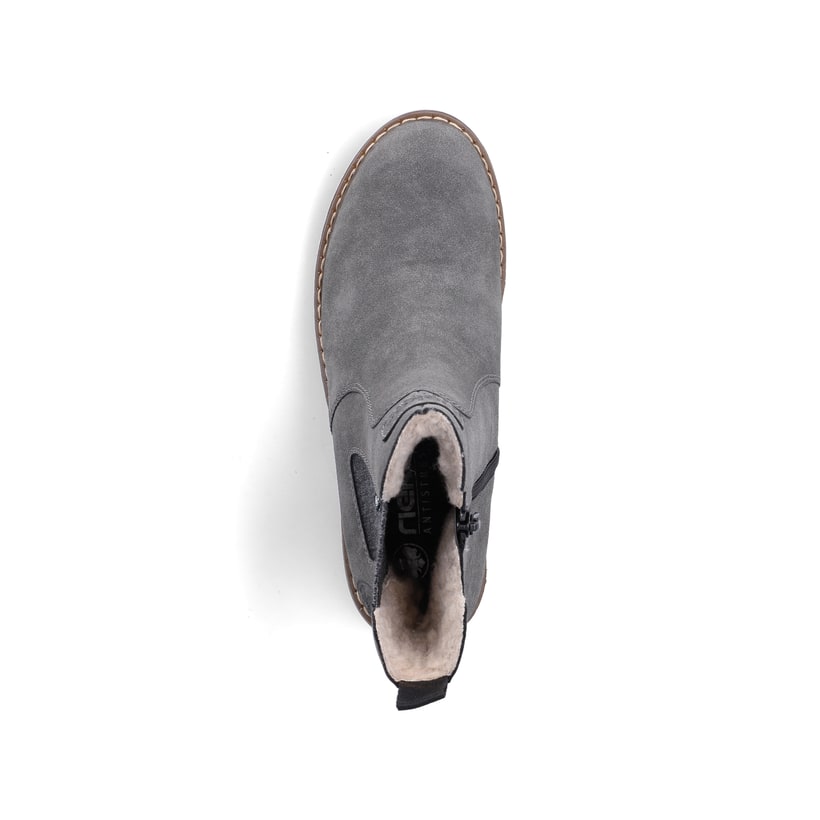 Dunkelgraue Rieker Damen Chelsea Boots Y9160-45 mit einem Reißverschluss. Schuh von oben.