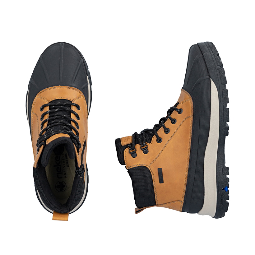 Schwarz-ockerfarbene Rieker Herren Schnürstiefel 30302-20 mit dem Glacier Grip. Schuh von oben, liegend.