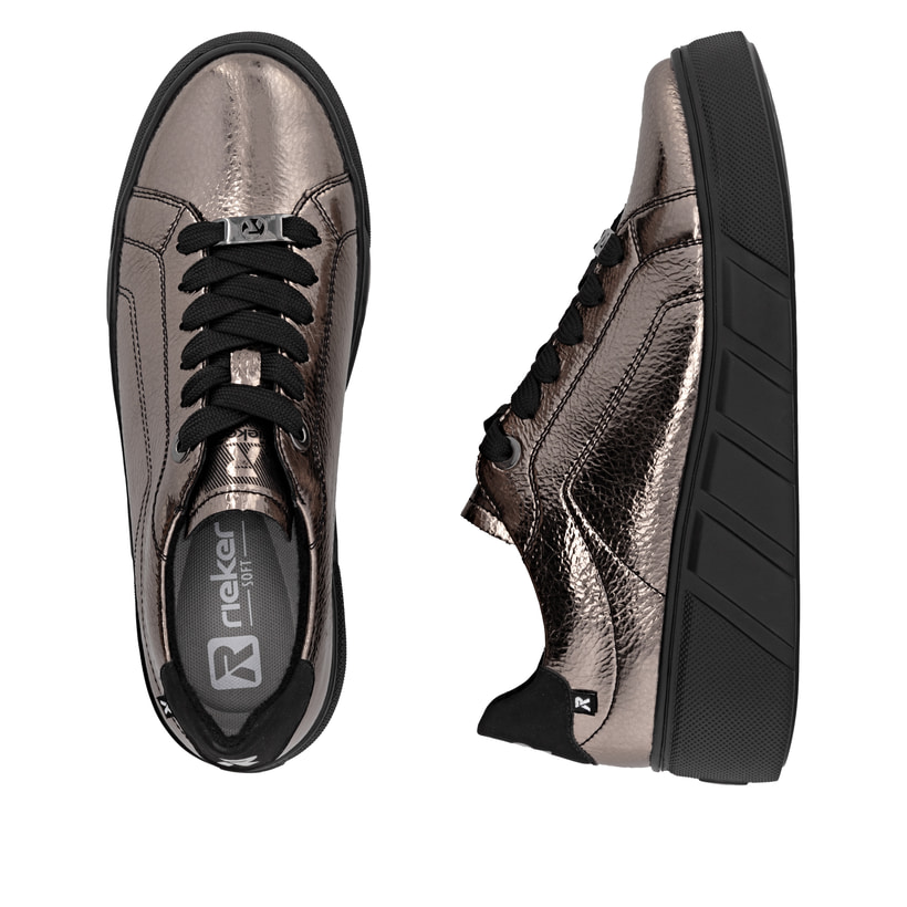 Metallische Rieker Damen Sneaker Low W2601-91 aus Glattleder mit einer Schnürung. Schuh von oben, liegend.