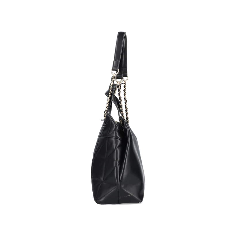 Rieker Shopper H1610-00 in Schwarz mit goldener verflochtener Kette, Reißverschluss und Innenfach. Linksseitig.