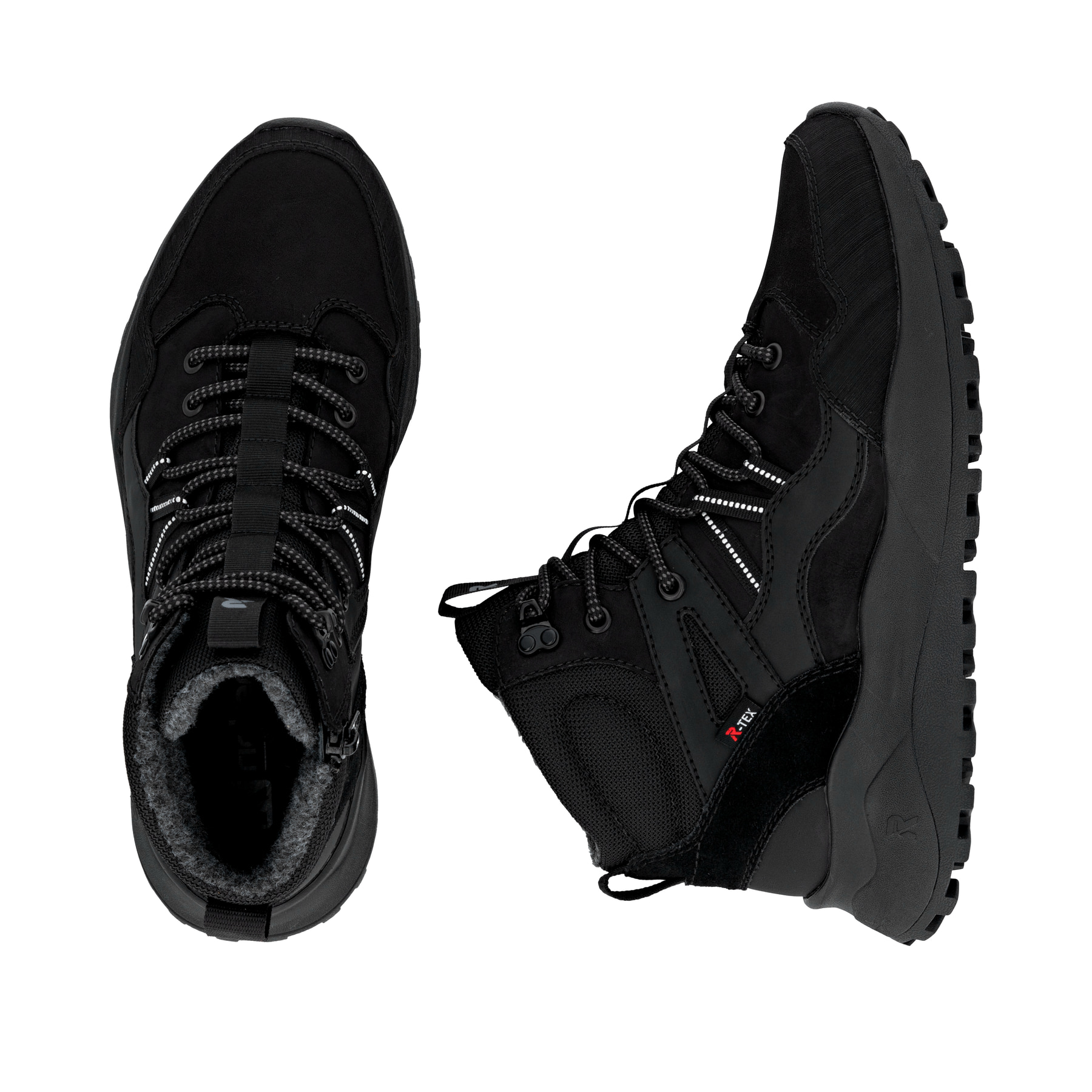 Schwarze Rieker Herren Schnürstiefel U1370-00 mit wasserabweisender TEX-Membran. Schuh von oben, liegend.