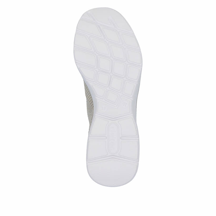 Beige vegane Rieker Damen Slipper M5074-64 mit Gummizug sowie flexibler Sohle. Schuh Laufsohle.