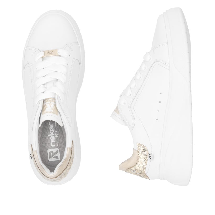 Weiße Rieker Damen Sneaker Low W2303-80 mit einer Schnürung. Schuh von oben, liegend.