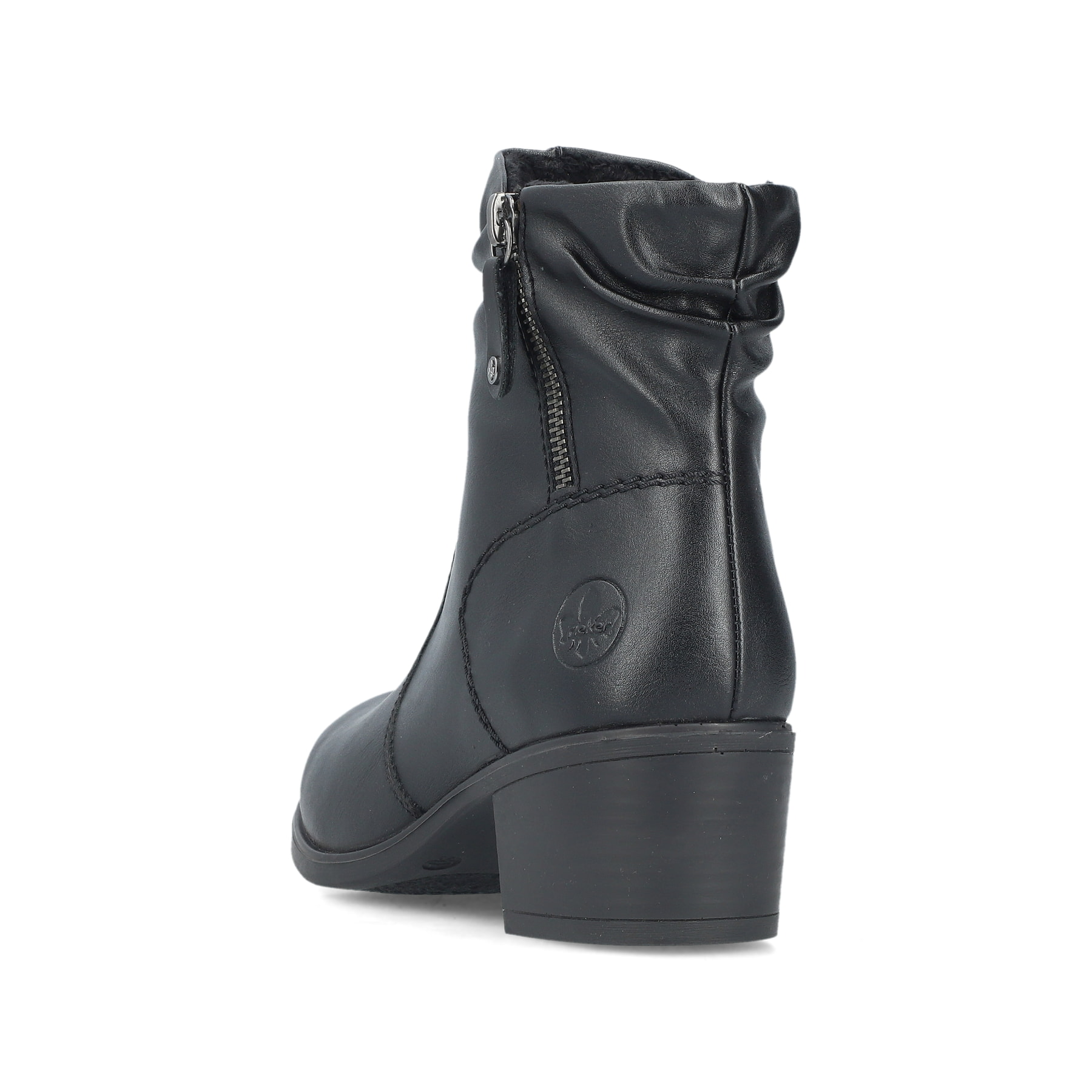 Schwarze Rieker Damen Stiefeletten 73981-00 mit einem Reißverschluss. Schuh von hinten.