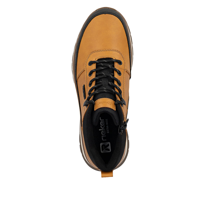 Schwarz-ockerfarbene Rieker Herren Schnürstiefel B9300-20 mit Reißverschluss. Schuh von oben.