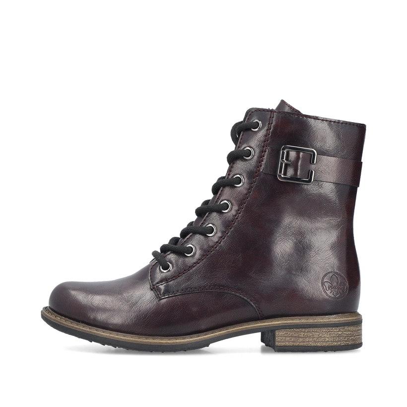 Schwarz-rote Rieker Damen Schnürstiefel 74802-35 mit einem Reißverschluss. Schuh Außenseite.