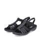 Schwarze Rieker Damen Riemchensandalen 60809-00 mit einem Gummizug. Schuhpaar seitlich schräg.