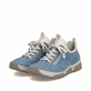 Blaue Rieker Damen Slipper 45973-14 mit Deko-Reißverschluss sowie einem Gummizug. Schuhpaar seitlich schräg.